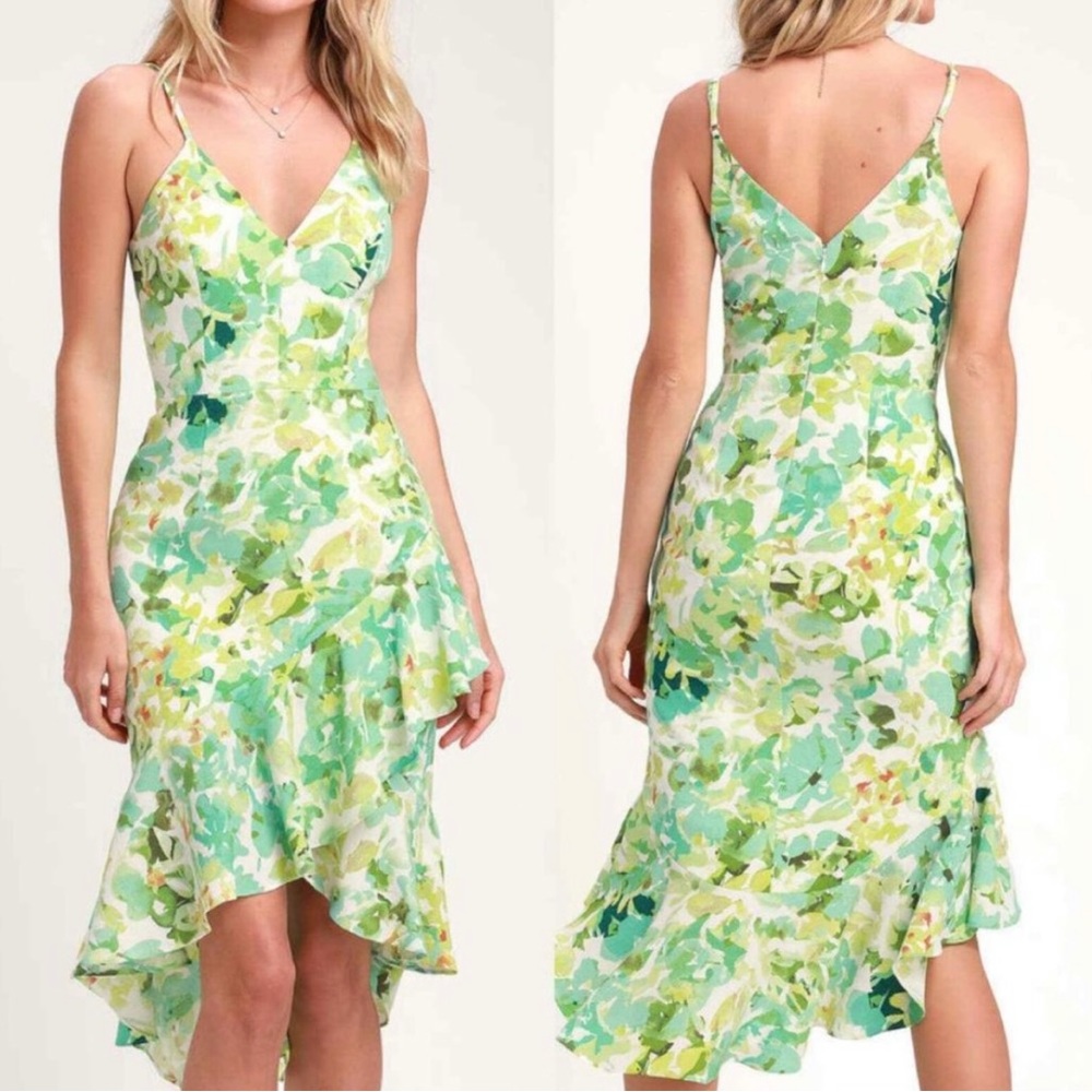Dress the Population Blue and Green Ruffle Midi Dress